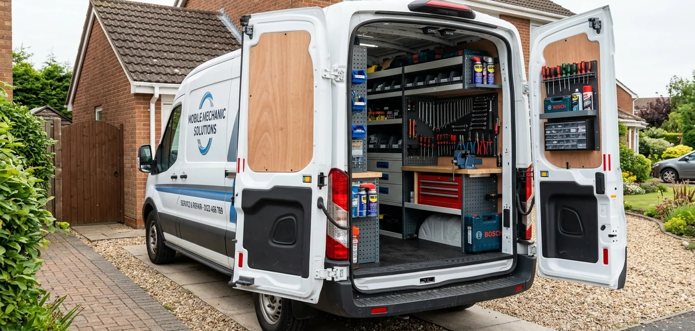 The van open on a driveway, shelves of parts inside