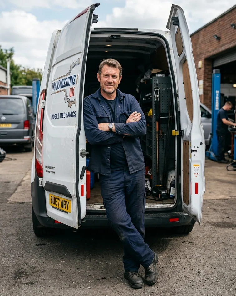 Ash Kirkland beside the van