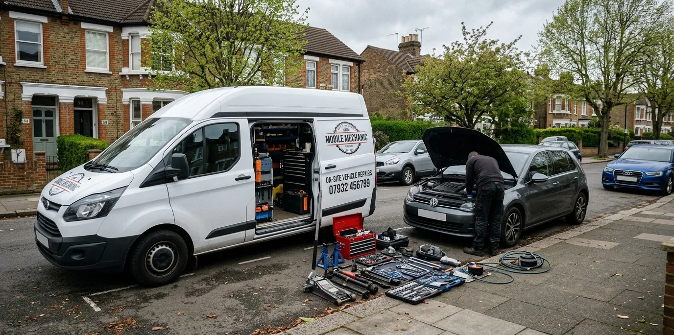 The van parked on a street beside a car being worked on