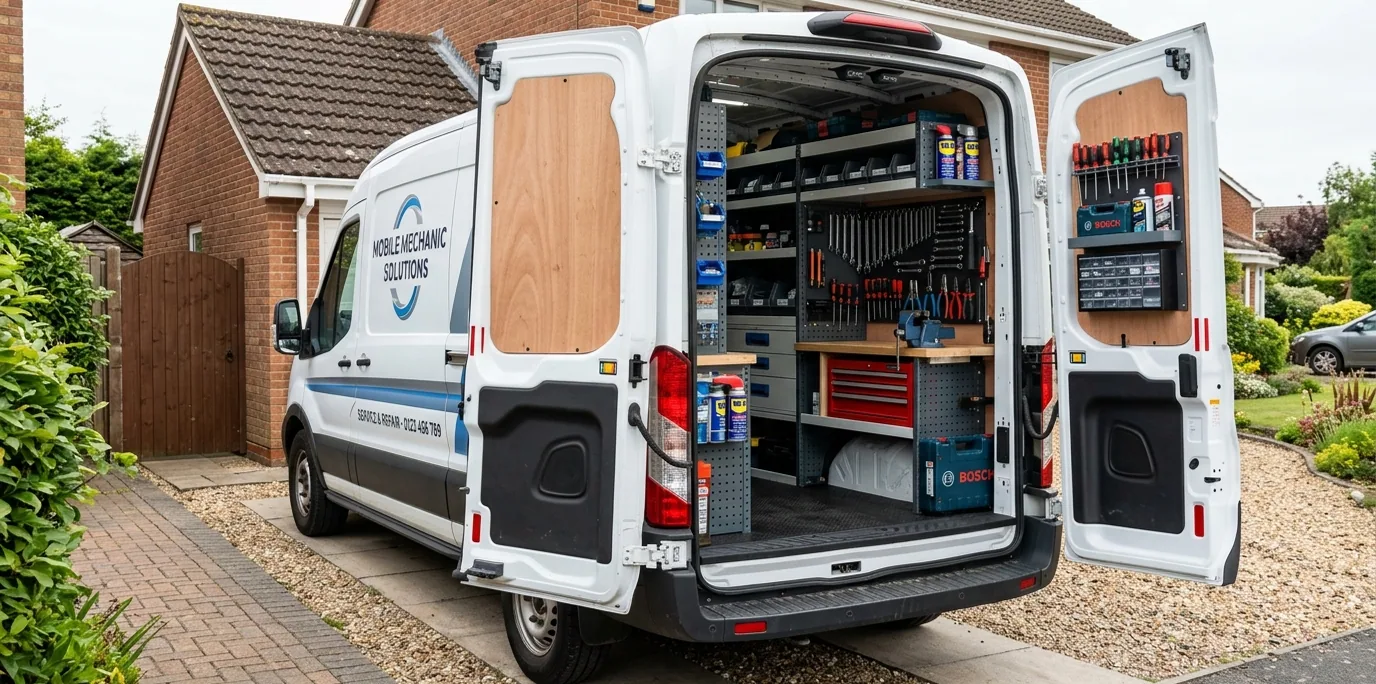 The van open on a driveway, shelves of parts inside