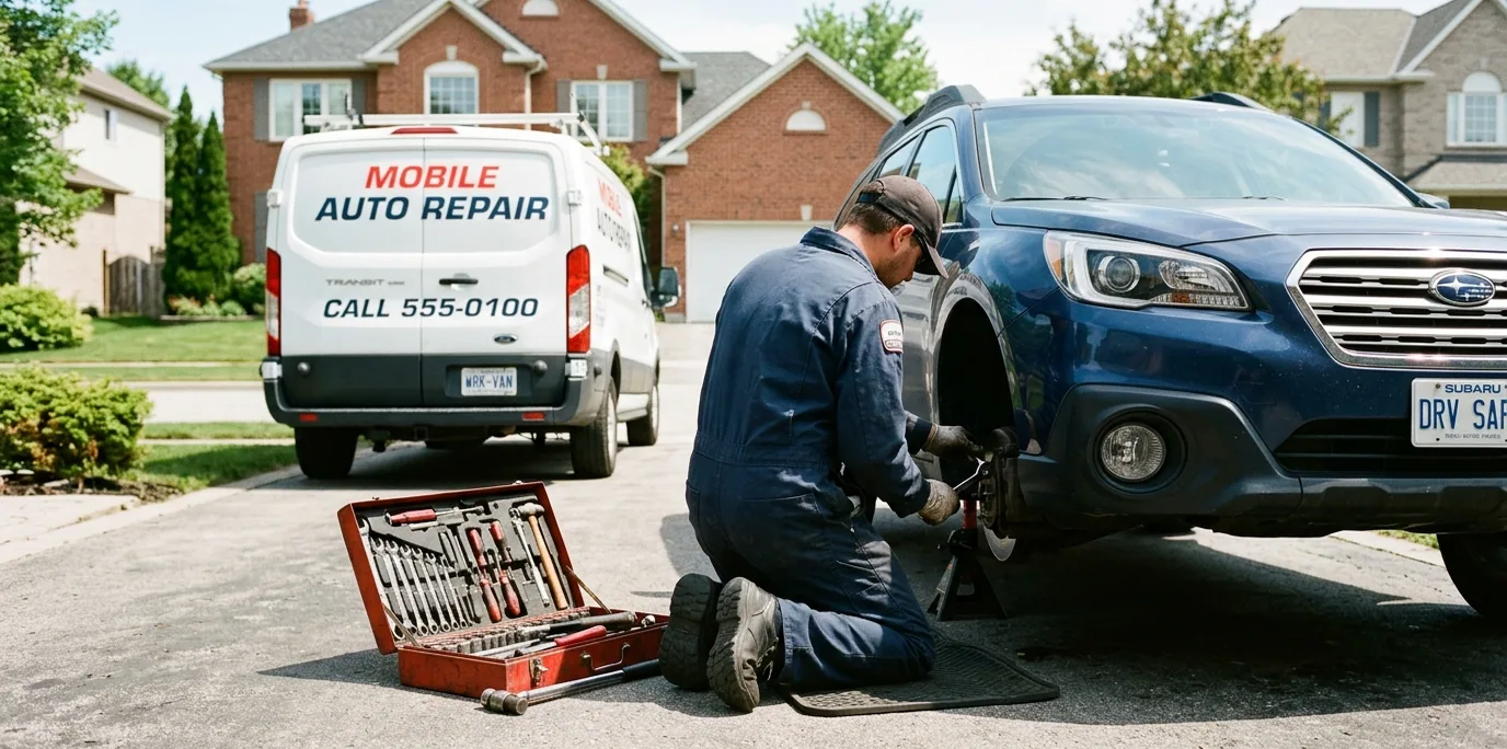 A mechanic kneeling at a car's wheel with the van parked behind