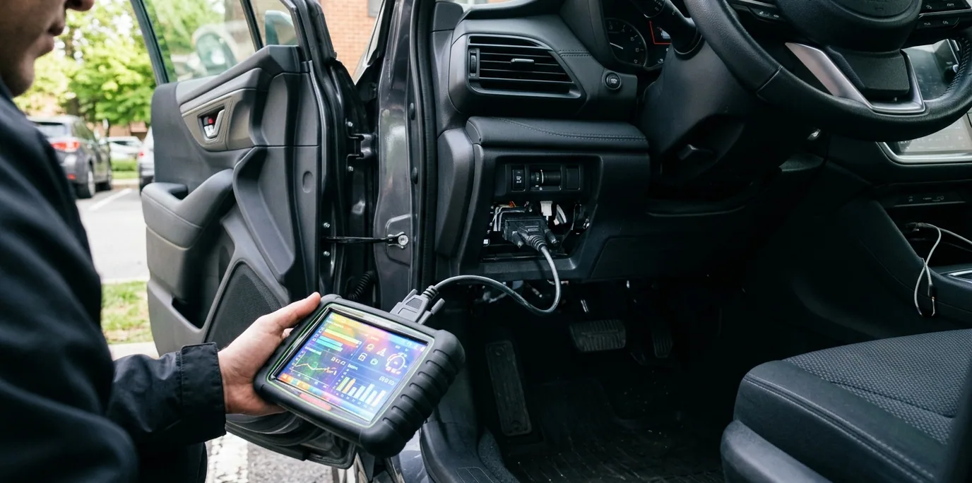 A diagnostic tablet plugged in at the driver's seat