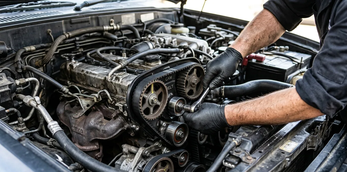 Hands working on the timing belt in an engine bay