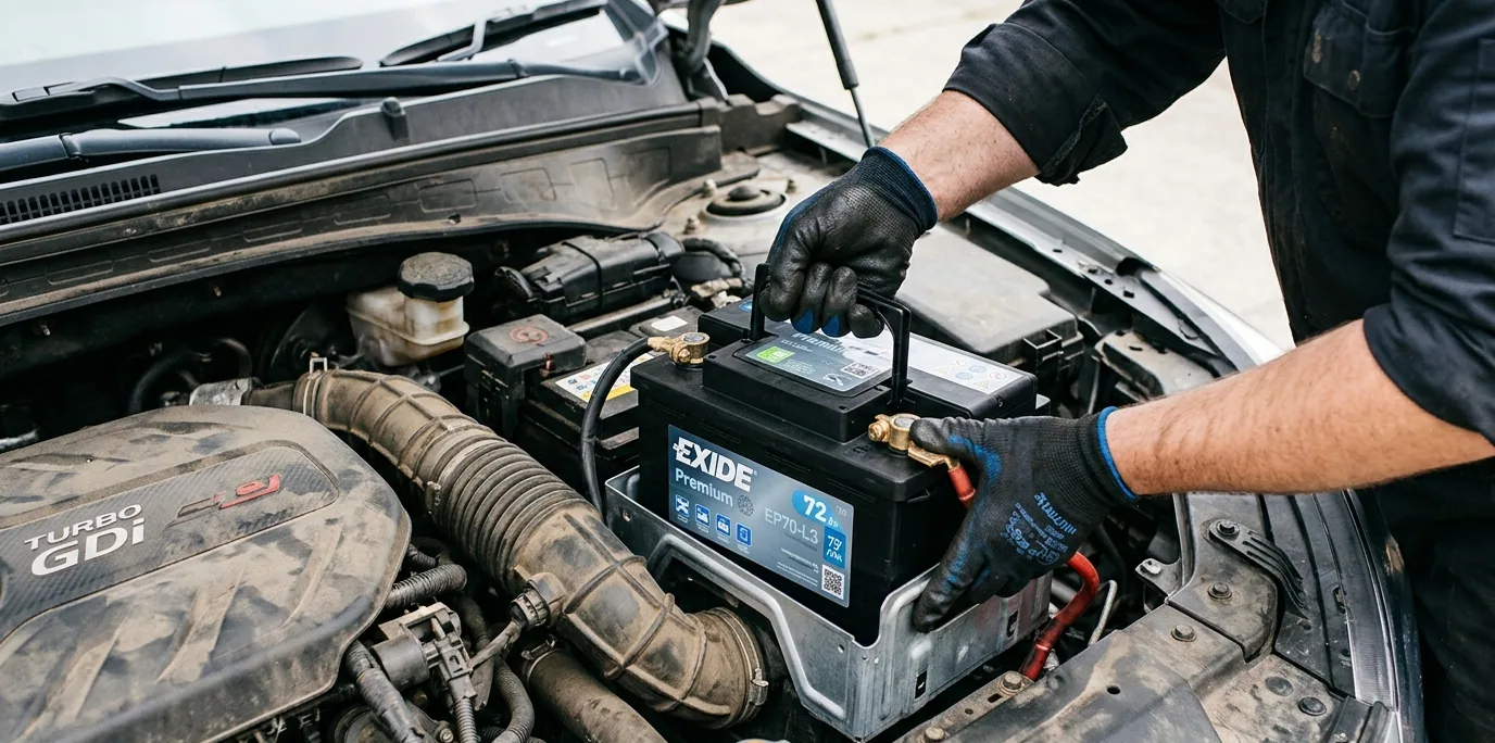 A technician testing a car battery under the bonnet