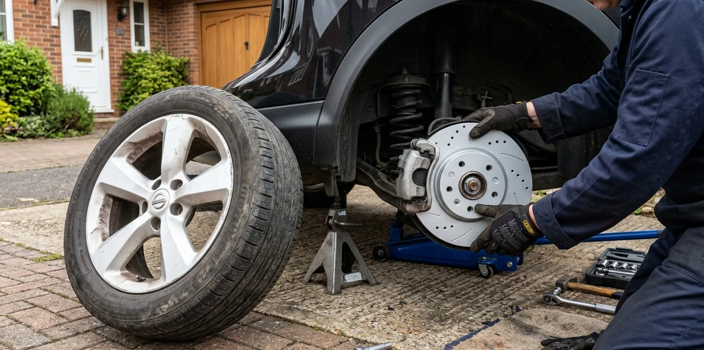 A front wheel off on a driveway, the brake disc exposed