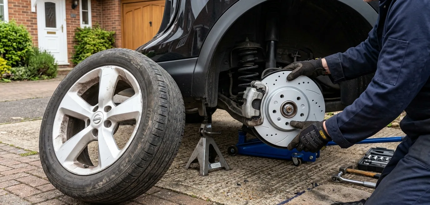 A front wheel off on a driveway, the brake disc exposed