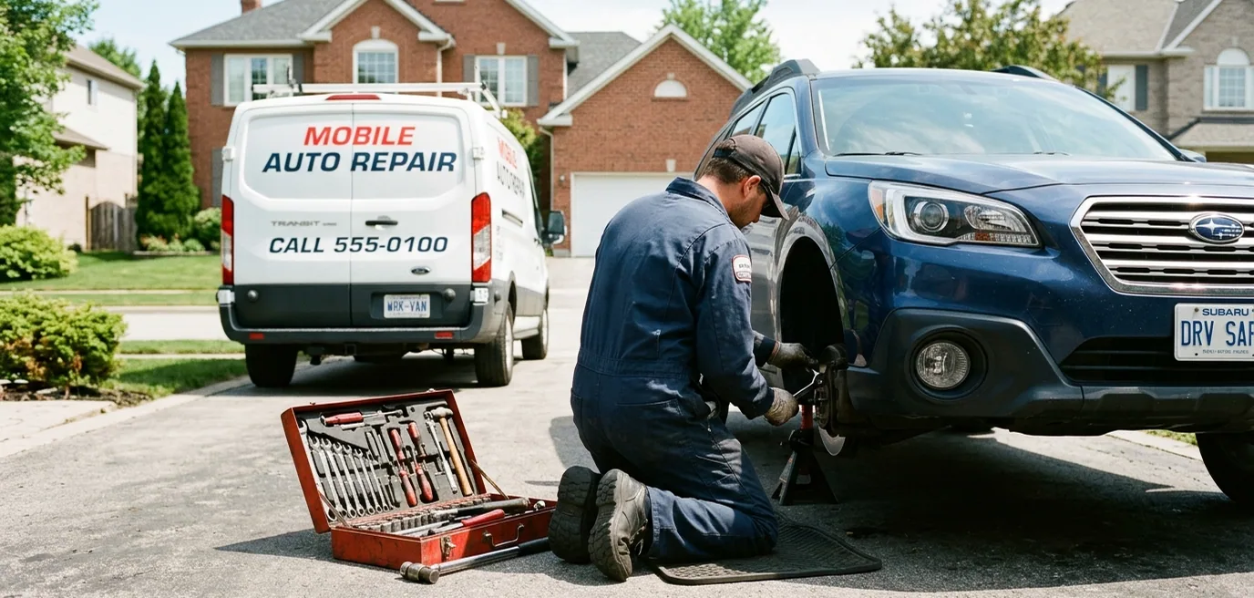 A mechanic kneeling at a car's wheel with the van parked behind