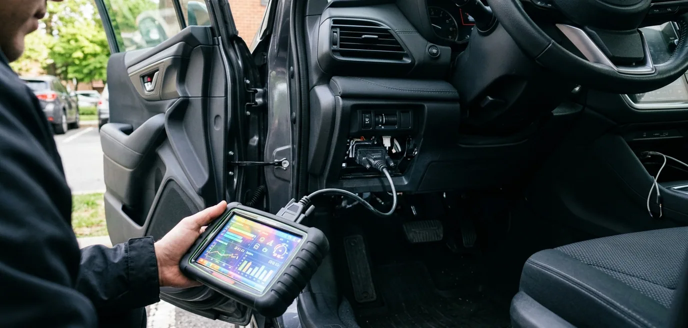 A diagnostic tablet plugged in at the driver's seat