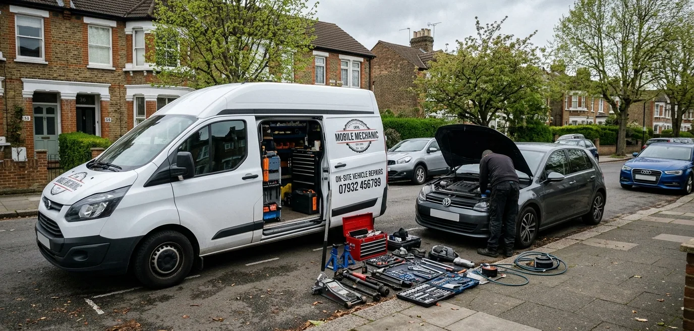 The van parked on a street beside a car being worked on