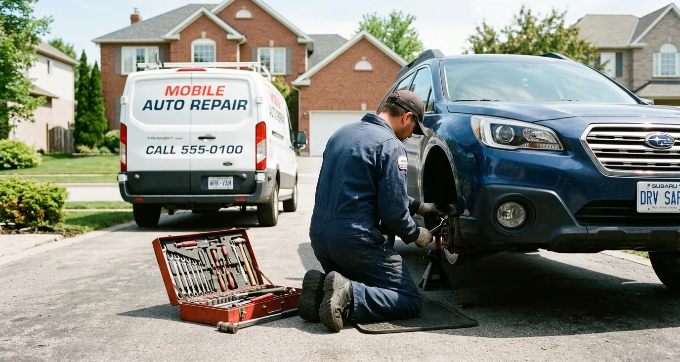 A mechanic kneeling at a car's wheel with the van parked behind