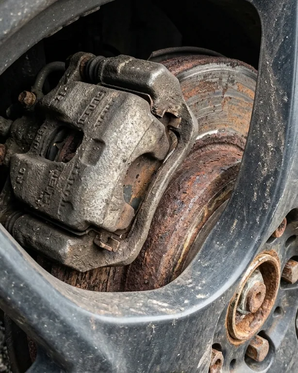 A worn, lipped brake disc and caliper as they came off