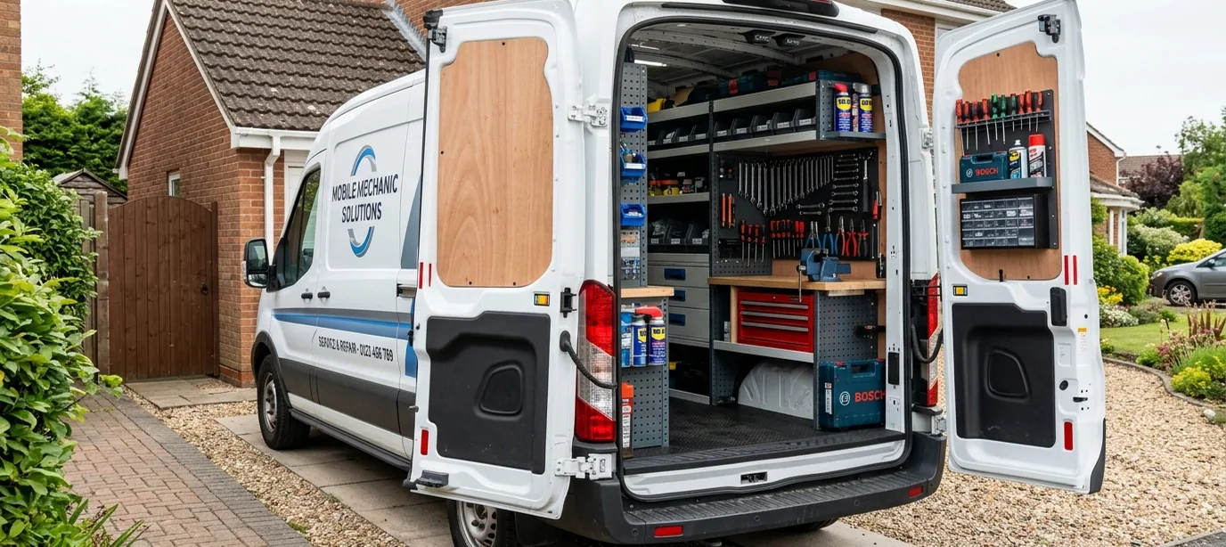 The van open on a driveway, shelves of parts inside