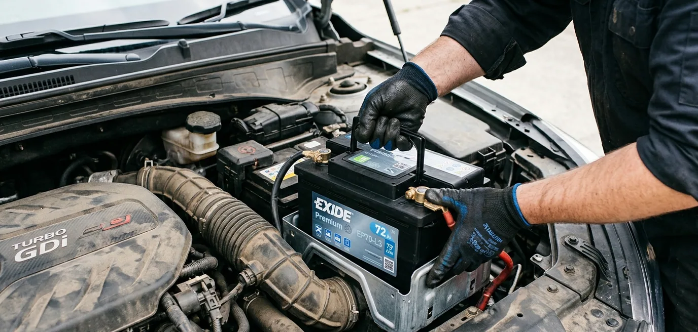 A technician testing a car battery under the bonnet