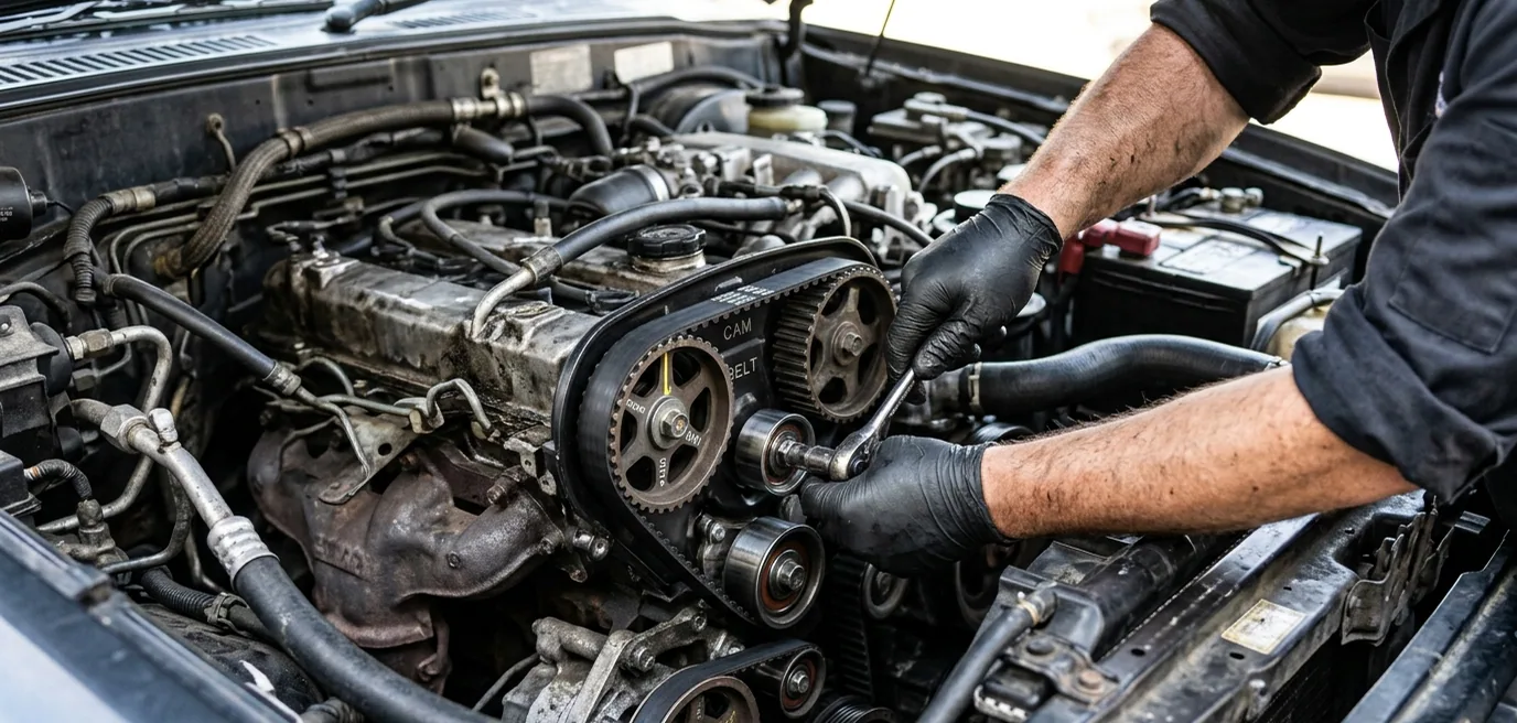 Hands working on the timing belt in an engine bay