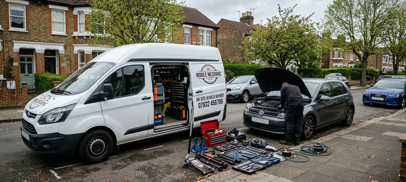 The van parked on a street beside a car being worked on